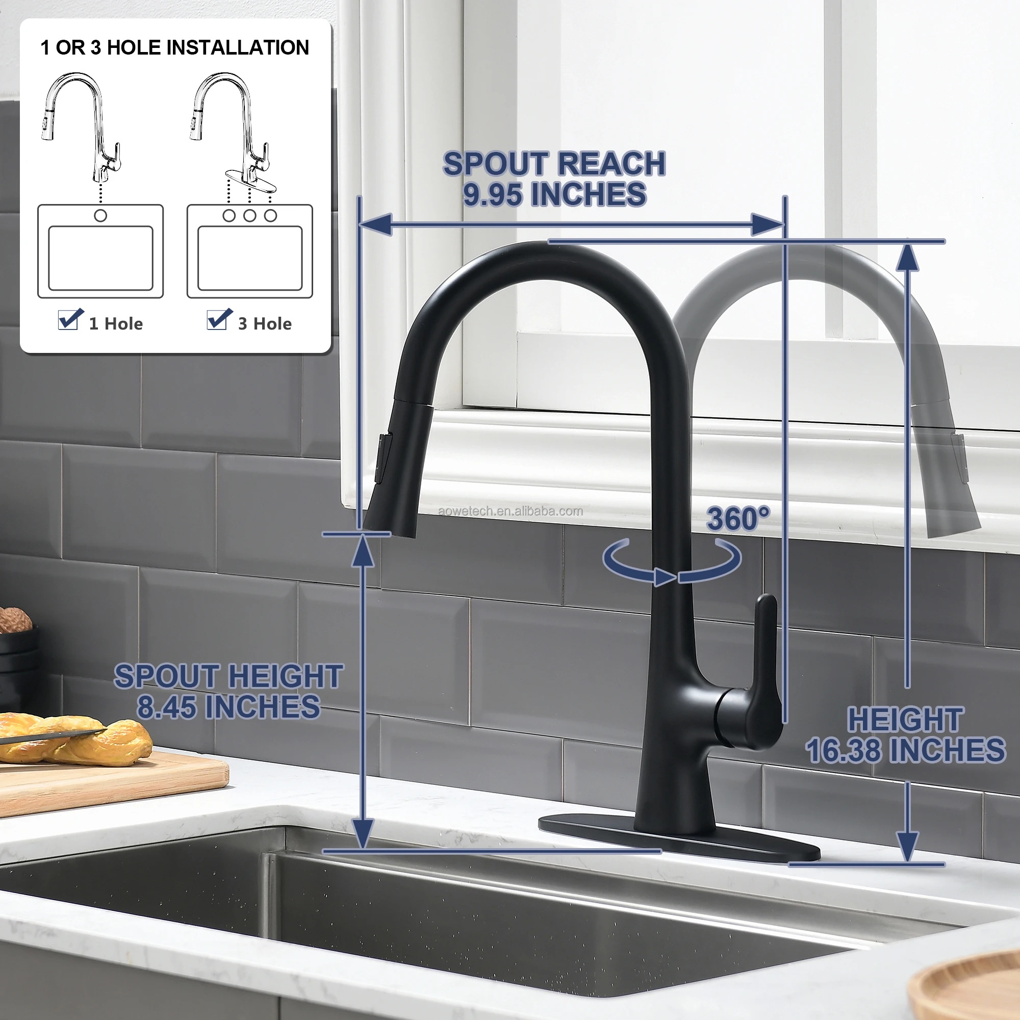 Modern Matte Black Pull Down Kitchen Faucet 16.38 High Arc Customizable Material & Valve Core OEM Brand Solutions