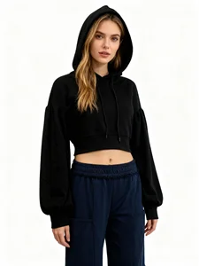 Women Spring/Autumn Knitted French Terry Hoodie Fashion Elegant Cropped Tops Bulky Long Sleeves Pullover Hoodie