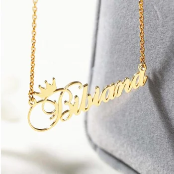 Stainless Steel Gold Plated Name Crown Necklace Jewelry Name plate Necklace