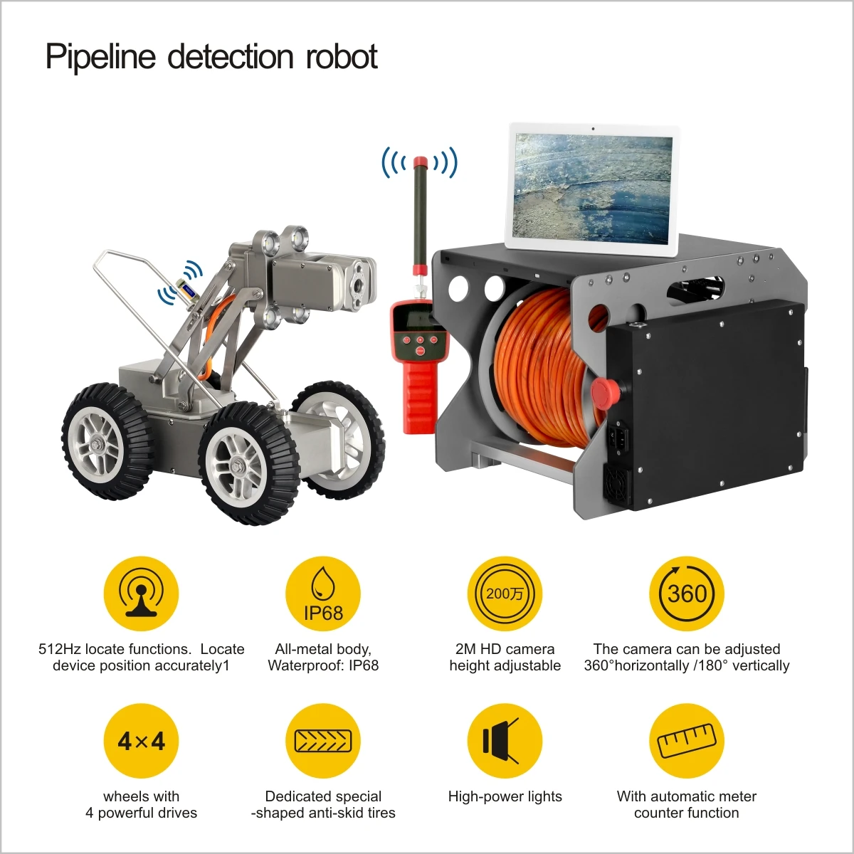 Sewer Camera Robot with 360 degrees Rotation&Pipe Inspection Crawler with 512Hz Sonde&Locator