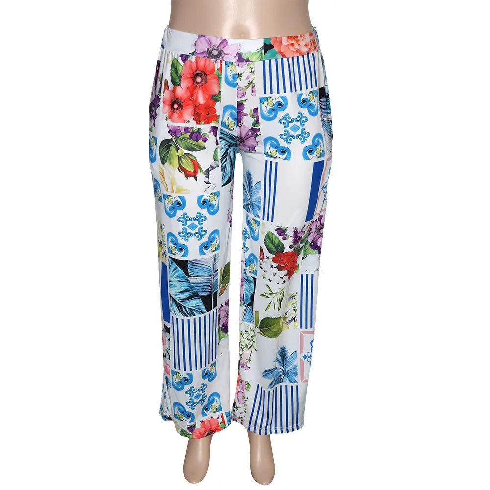 New arrival Casual letters geometric flower print stretch waist wide leg plus size women's pants & trousers