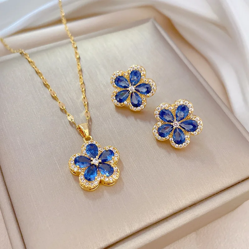 Set Collier Et Boucles D'oreilles En Acier Inoxydable Et Cristal - Doré - 3 Pièces