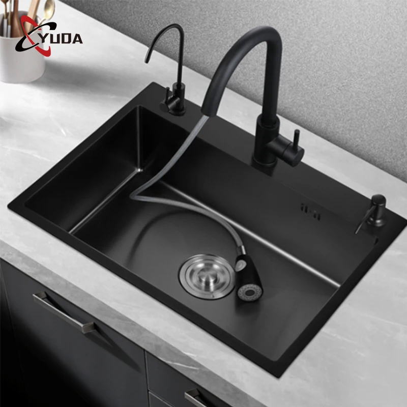 Multifunction Workstation Waterfall Kitchen Sink Topmount Kitchen Sink Single Bowl Black Handmade Kitchen Sink