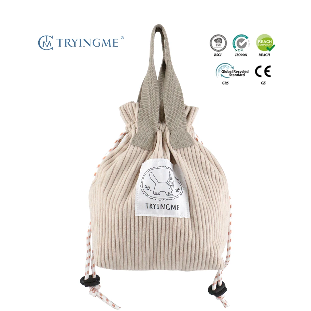 Tryingme Corduroy Letter Pattern Drawstring Storage Bag-Medium/Large Size Drawstring Handbag