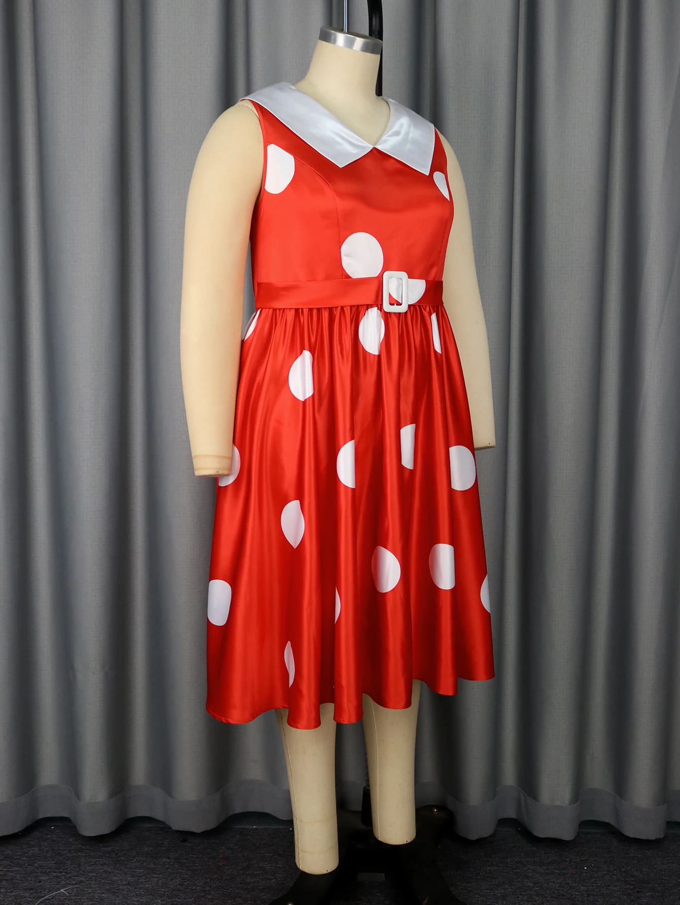 fitted lace wedding dress Women's Retro Style Pin-Up Red and White Polka Dot Belted Bow Party Dress Plus Size US16 / Red main image 0