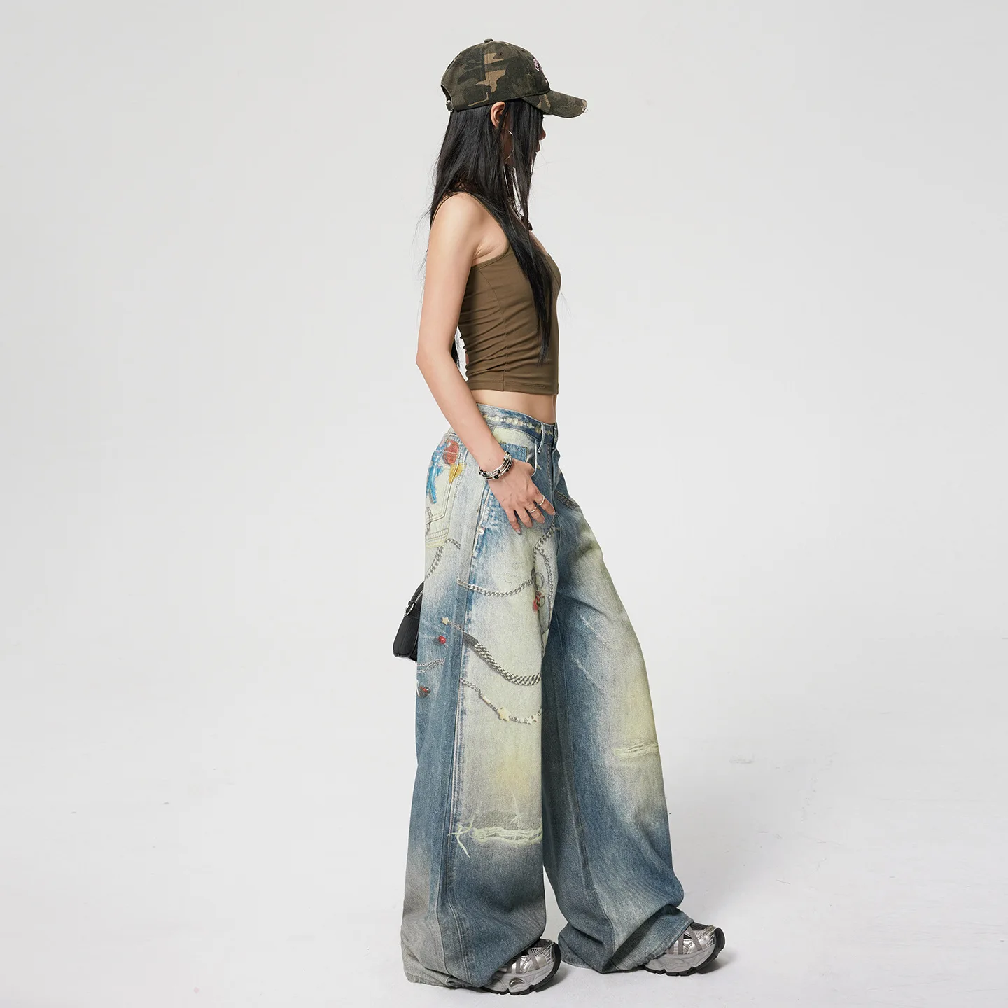 Vintage High-Waisted Distressed Chain Print Denim Wide-Leg Jeans Women Spring Autumn Loose Slimming Floor-Length Quick Dry