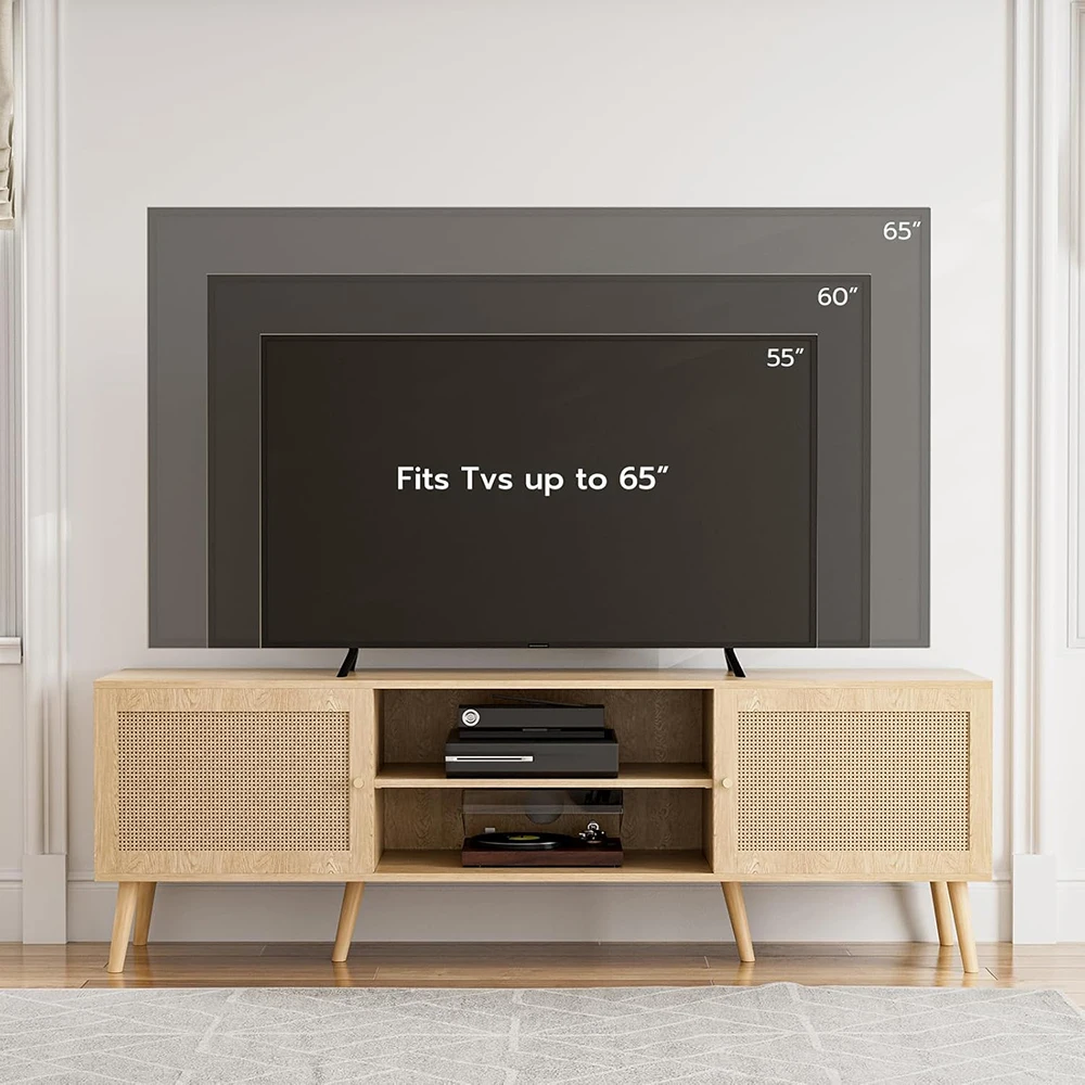 Modern Media Console for TVs up to 65'' Entertainment Center with Rattan Door 2 MDF Cabinets for Living Room Bedroom factory