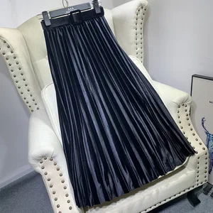 Mid-Length High Waist Slim A-Line Satin Pleated Women's Skirt with Breathable Casual Style Embroidery Ruffles Belt Decorations