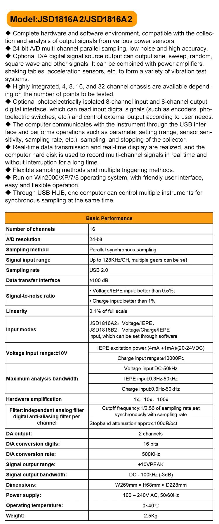 JSD1816A2 Voltage IEPE Data Collector Vibration Acceleration 16 Channels Dynamic Signal Analyzer supplier