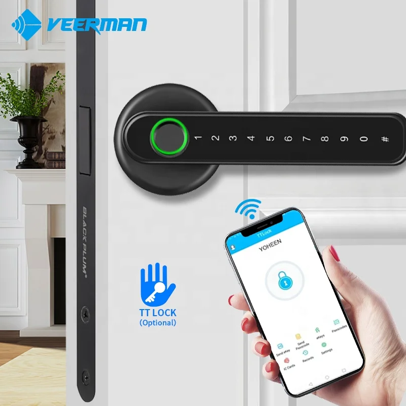 TTlock APP Tuya APP Fingerprint Lever Magnetic Door Handle Lock Wooden Door Smart Door Lock