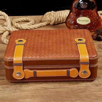 Weaving Pattern Portable Leather Cigar Case Humidifier Cedar Wood Travel Cigar Humidor Box Set  Smoking Accessories