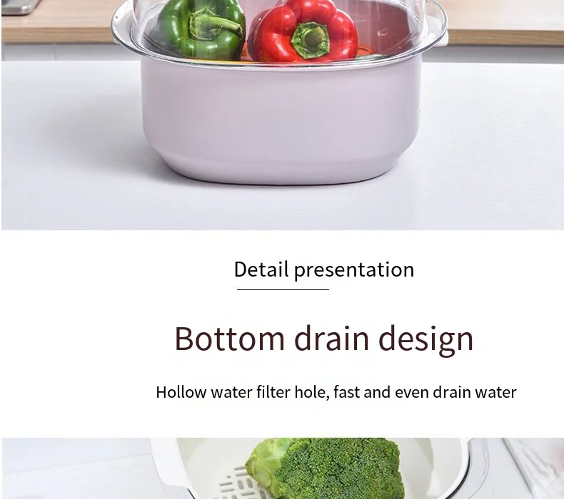 Light luxury PET transparent double drain basket Plastic vegetable basket household kitchen washing fruit and vegetable basket details