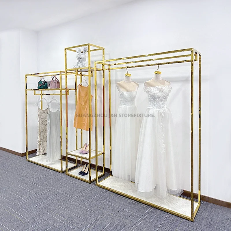 Retail Women Dress Clothes Racks Stainless Steel Gold Garment Clothing  Display Racks for Boutique Clothing Store