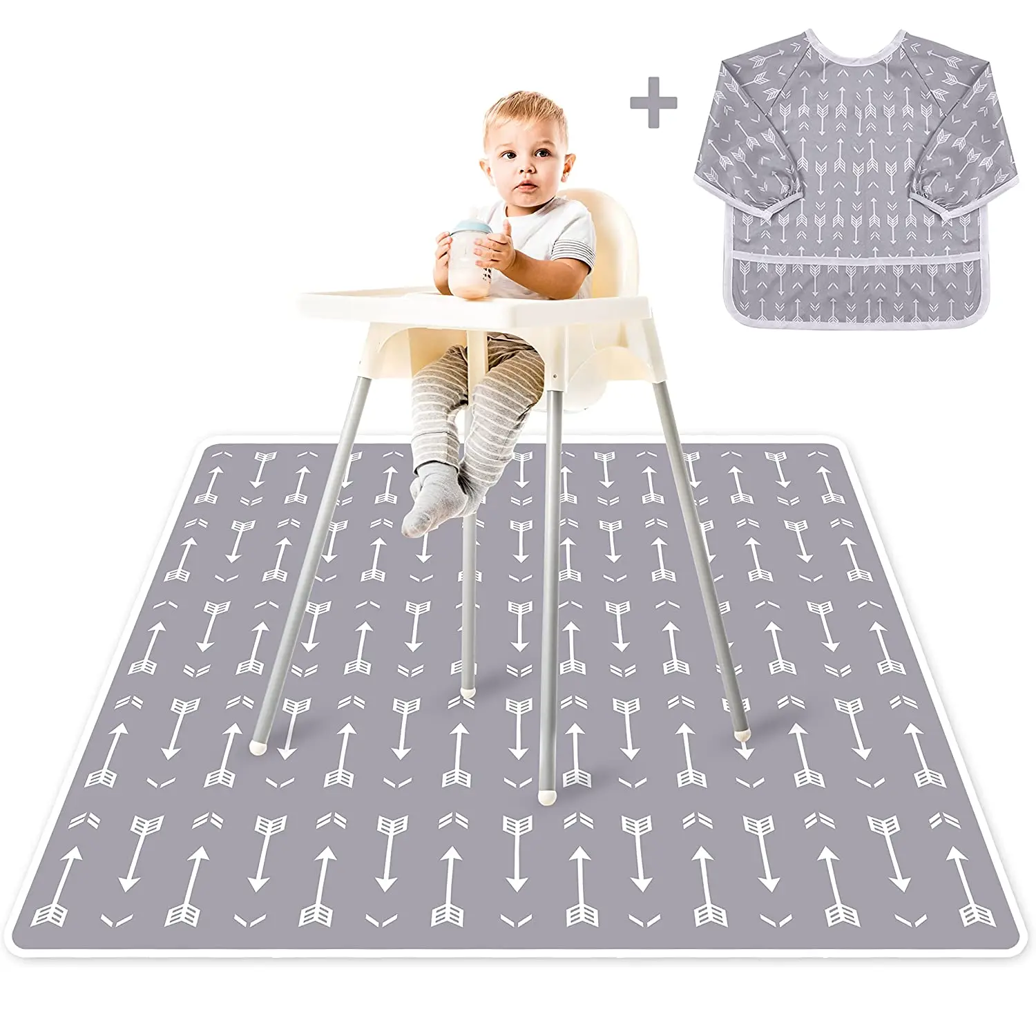 Customization Waterproof Non slip Feeding Splat Mat And Baby Bib With Sleeves Washable High Chair Splash Mats Baby Apron