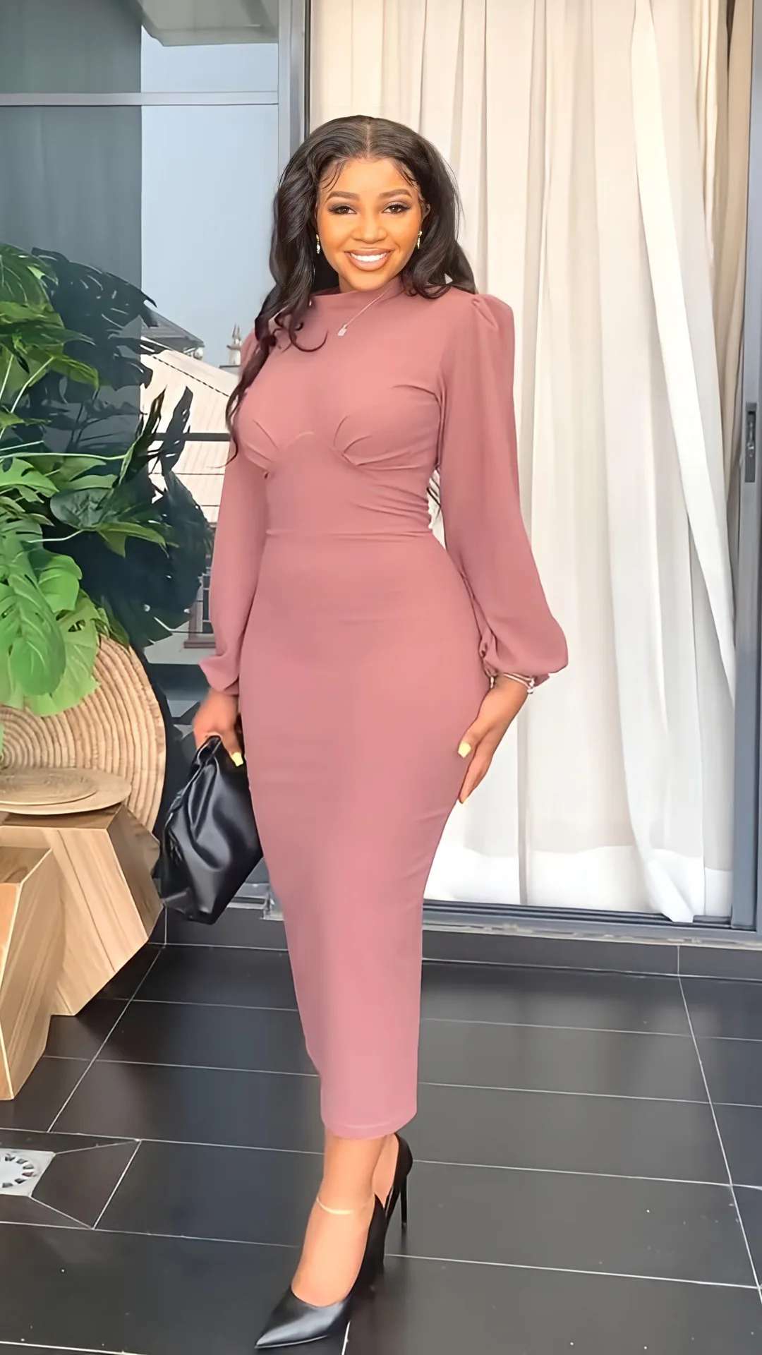 long long sleeve bodycon dress High Collar Knot Full Sleeves Bodycon Maxi Dress main image 1