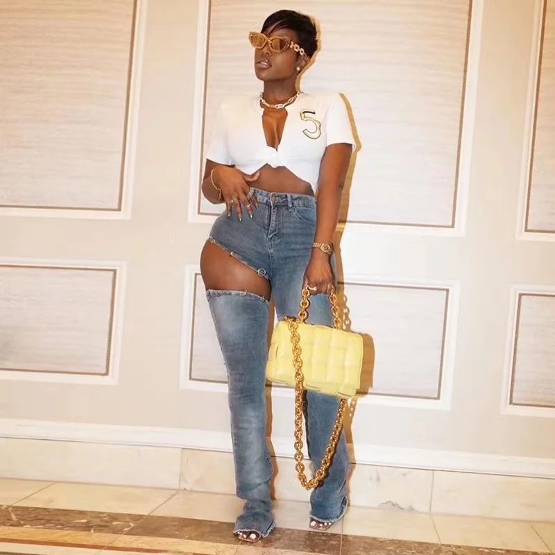 2022 Personality One Leg Stacked Jeans for Women Stylish Half Shorts Half Long Pants Detachable Flare Denim Jean