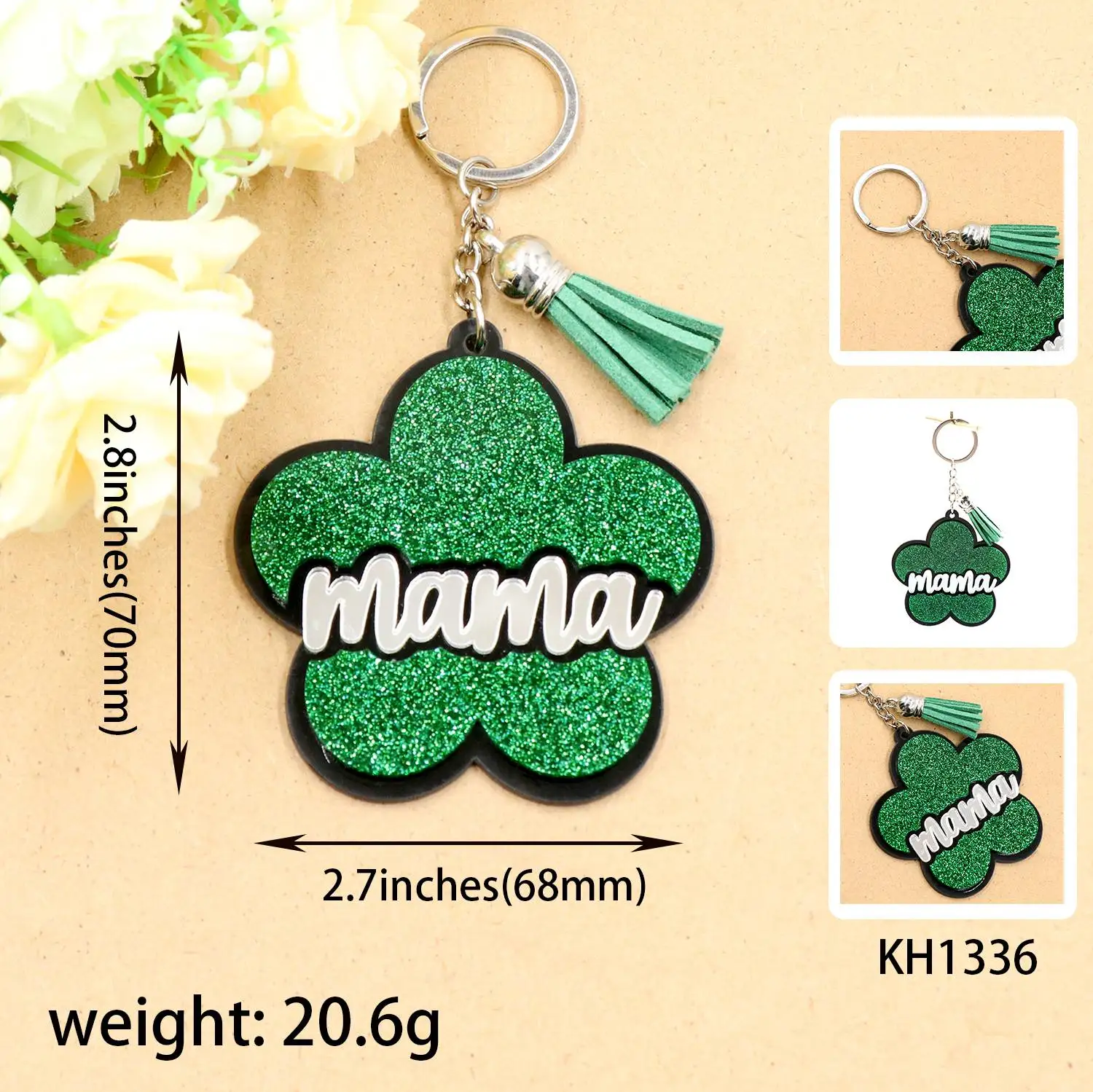 HYLKH1336 Green Scallion Powder Keychain Handmade Acrylic Mama Flower Coin Holder UV Printed Iron Unique Coin Holder Keychain factory