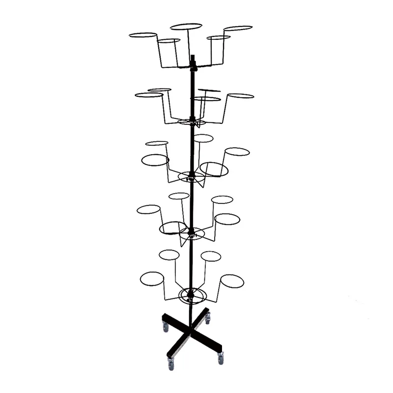 Factory Customized 5 Layers Movable Wheeled Rotating Floor Stand Supermarket Store Hat Cap Iron Display Rack
