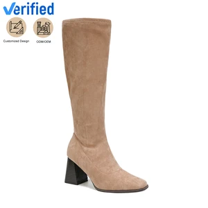 Classy Women's Beige Suede Knee-High Block Heel Boots Winter Over-the-Knee Square Toe Design Zip Closure Comfortable Increasing
