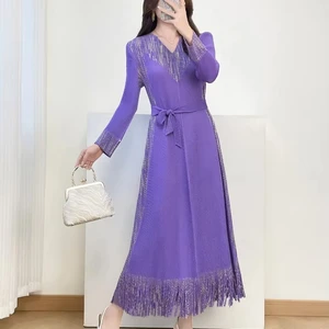 Miyake Long Dress with Gold-embroidered V-neck and Fringed Hem Wholesale of Pleated Dresses