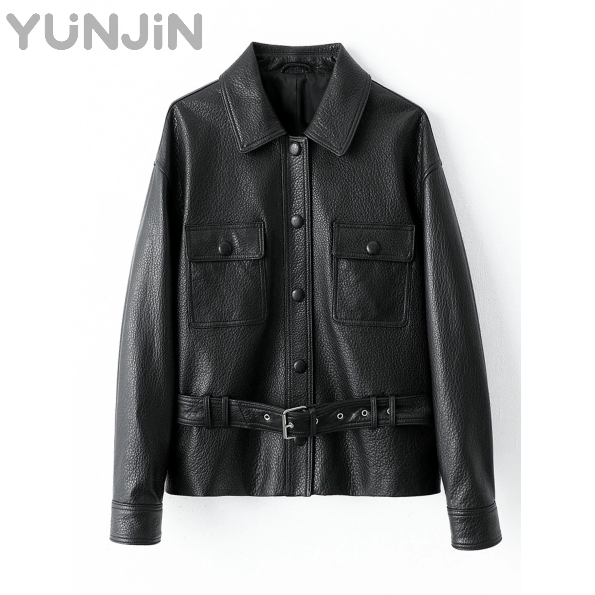 Women Black Leather Jacket Shirt Style Cropped Biker