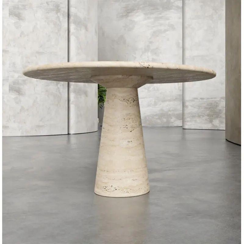 HZX Round to Oval Customized Nordic Funiture Pedistal Table Marble Columns Base Modern Travertine Round Marble Dining Table