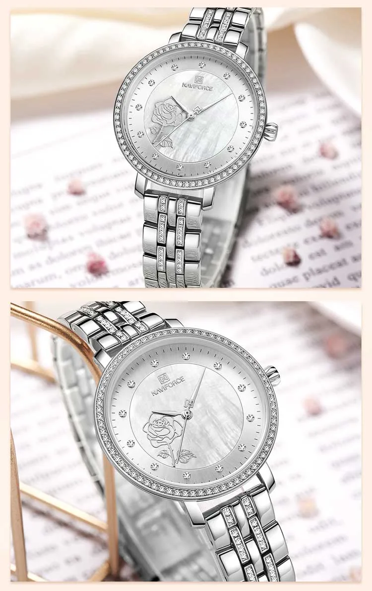 Naviforce NF5017 Elegant China Lady Quartz Watch Stylish Stainless Steel Band Waterprooffloral Design Simple Casual Wristwatch