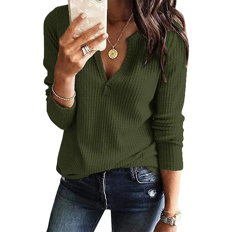 Women's V Neck Waffle Knit Henley Tops 