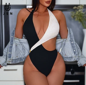 JSN 2026 High Quality Patchwork One Piece Bikini Halter Hollow Out Swim Suit for Women Sexy Women's Beachwear Fashion Swimsuit