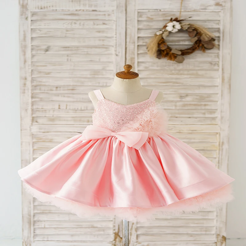 Spaghetti Strap Pink Crystal Satin Tulle Wedding Flower Girl Dress Kids ...