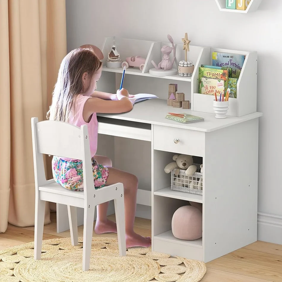 Modern Kids' Wooden Computer Table with Keyboard Tray Desk Hutch Bookshelf  Drawer-for Student Use in School Gym or Bedroom