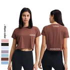 Xsunwing Custom Logo Fitness Yoga Wear Apparel 7 Colors Spandex Seamless Sports Workout Crop Top Women Girl Gym Superdry T Shirt