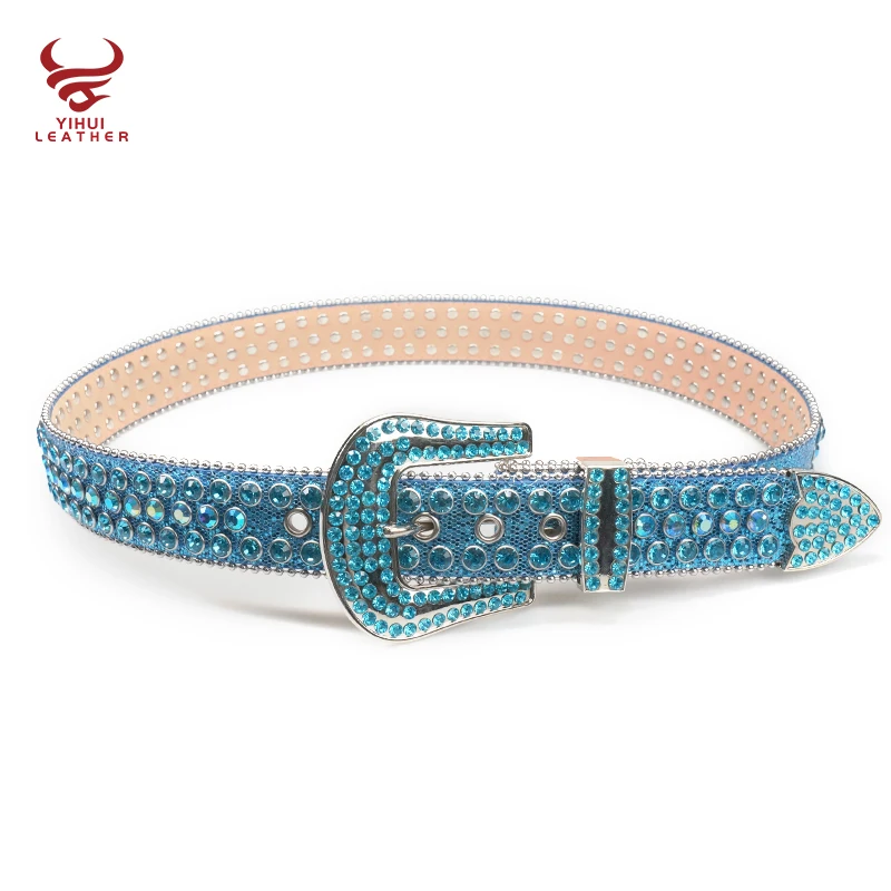 Wholesale Western cowboy women PU leather western belt buckle designer sky  blue rhinestone belt bb simon From m.