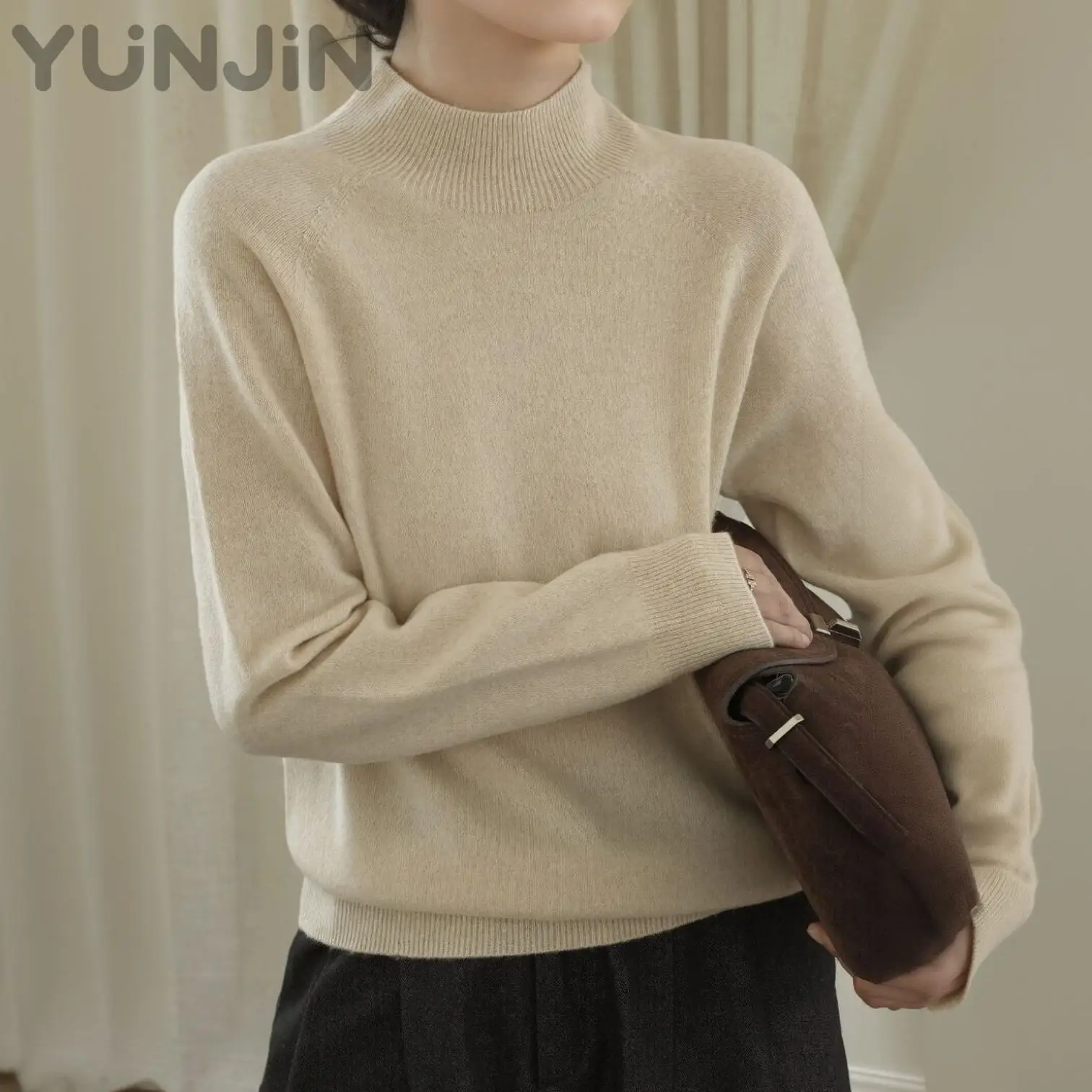 Women's Design Wool Cashmere Knit Sweater Half Turtleneck