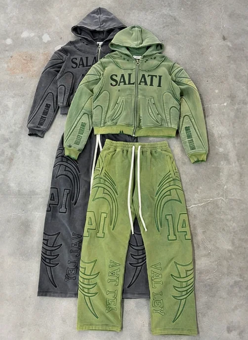 Salati Custom Sun Faded Embossing Manufacturers Acid Wash Vintage Zipper Cropped Tracksuit Hoodies Sweatpants and Hoodie Set gallery 7