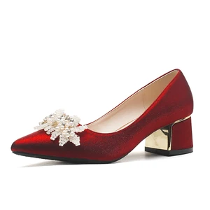 Elegant Red Silk Fabric Pointed Toe Block Heel Pumps with Pearl Flower Decor, 5CM/7CM/8.5CM Heel for Summer