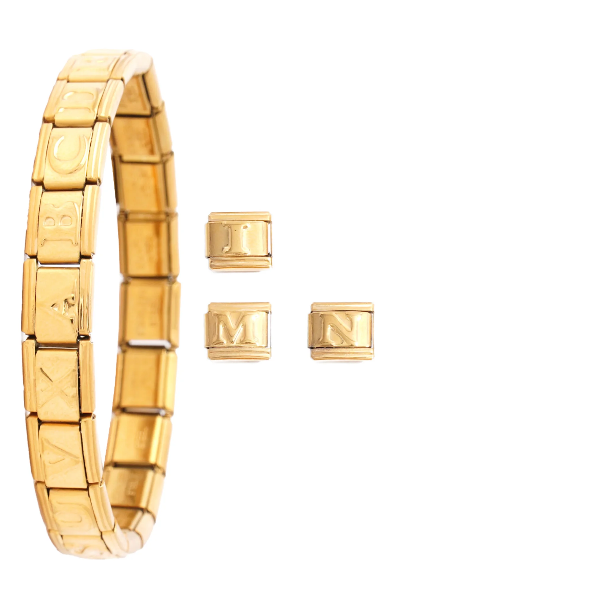 New Designed Trendy 18K Gold Plated Stainless Steel Italian Charms Bracelet with 26 English Letters A-Z DIY Diamonds Unisex