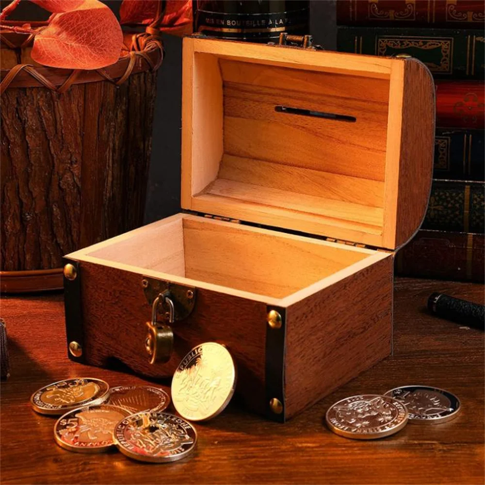 Retro Style Wooden Money Storage Box Gift Treasure Chest and Piggy Bank