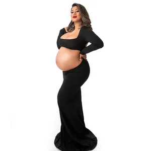 Long Sleeved Stretch Maternity Dress for Photoshoot Rayon Knitted Fabric with Sleeves up to cm Long Back Design