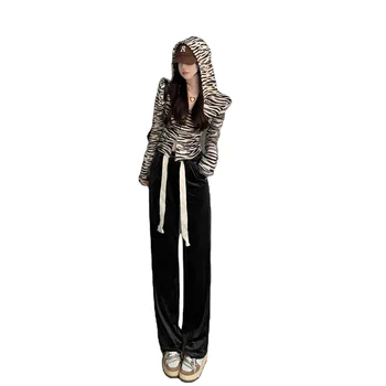 Zebra Hooded Zipper Cardigan + Golden Fleece Wide Legs pants casual sports web celebrity Fried Street Two piece Set ins