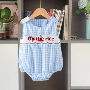 Custom Cute Casual Summer Baby Romper Shirred Smocked Embroidered Button Closure Jumpsuit Vest ODM