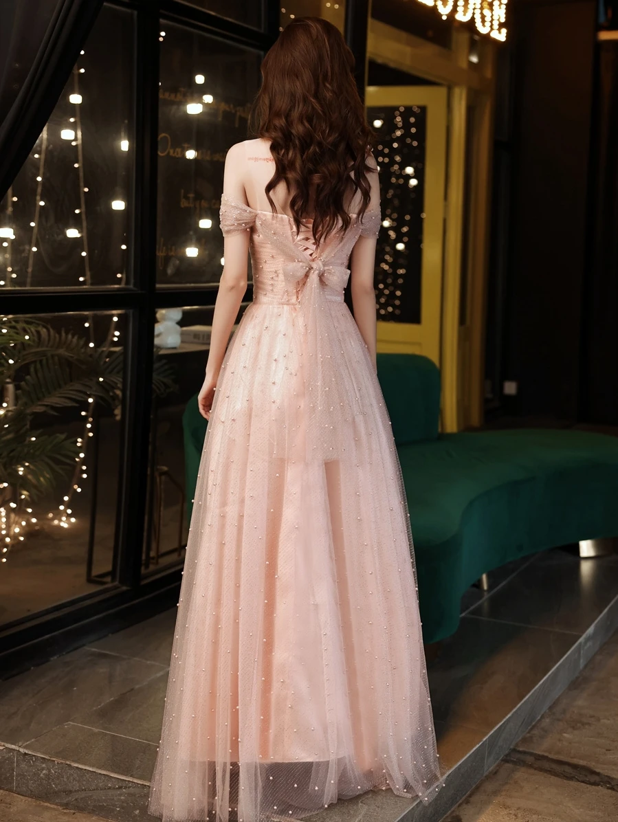 Sevintage Blush Prom Dresses 2021 Pleated Starry Tulle Long Evening Dress  A-Line Formal Party Gowns
