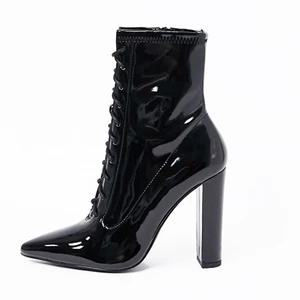 2020 New Women Pointed Toe Block Heel Booties Black Patent Leather Short Boots