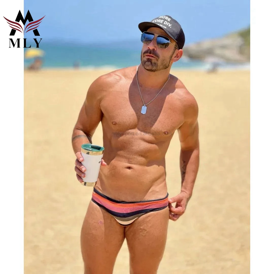 Customized Design Swimwear Stretchy Fabric Striped Mens Swimming Briefs Shorts for Men