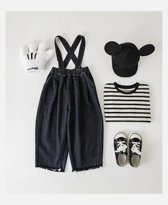 Boys' Raw Edge Pants With Instep Straps, Detachable Shoulders Denim Jeans Autumn New Children's Casual Loose Pants