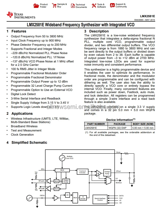 Hot sale Original LMX2581ESQE/NOPB Clock/Time IC FREQ SYNTH 32WQFN Frequency Synthesizer (RF) IC 3.8GHz 1 32-WFQFN Exposed Pad