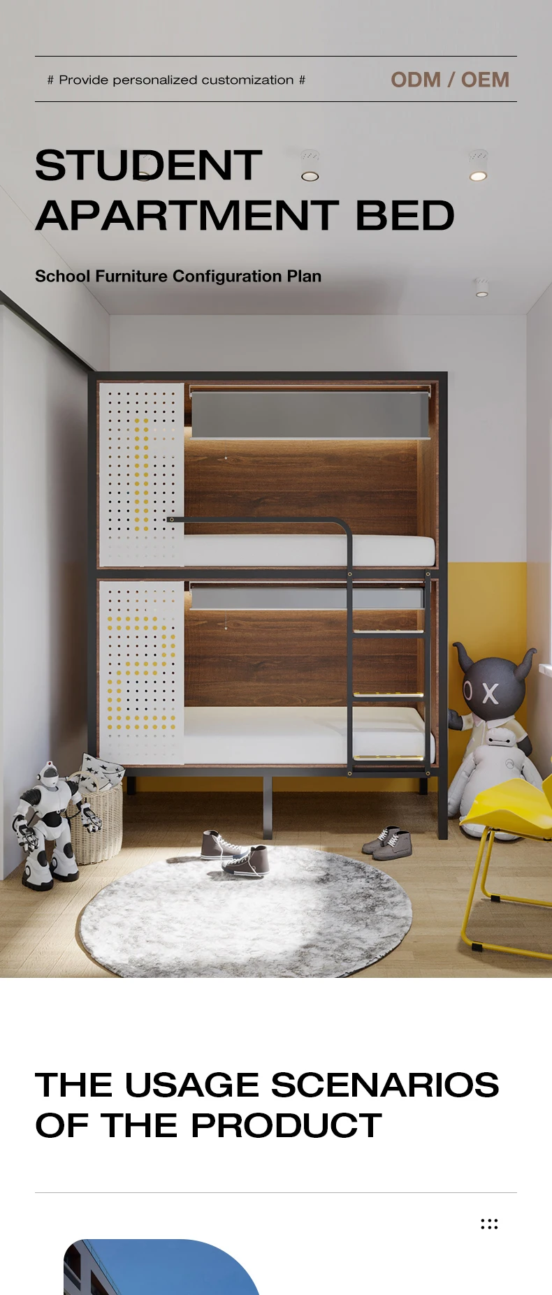 product free 3d design service modern metal frame bunk bed for hotel school apartment dormitory use adult student double bed-1