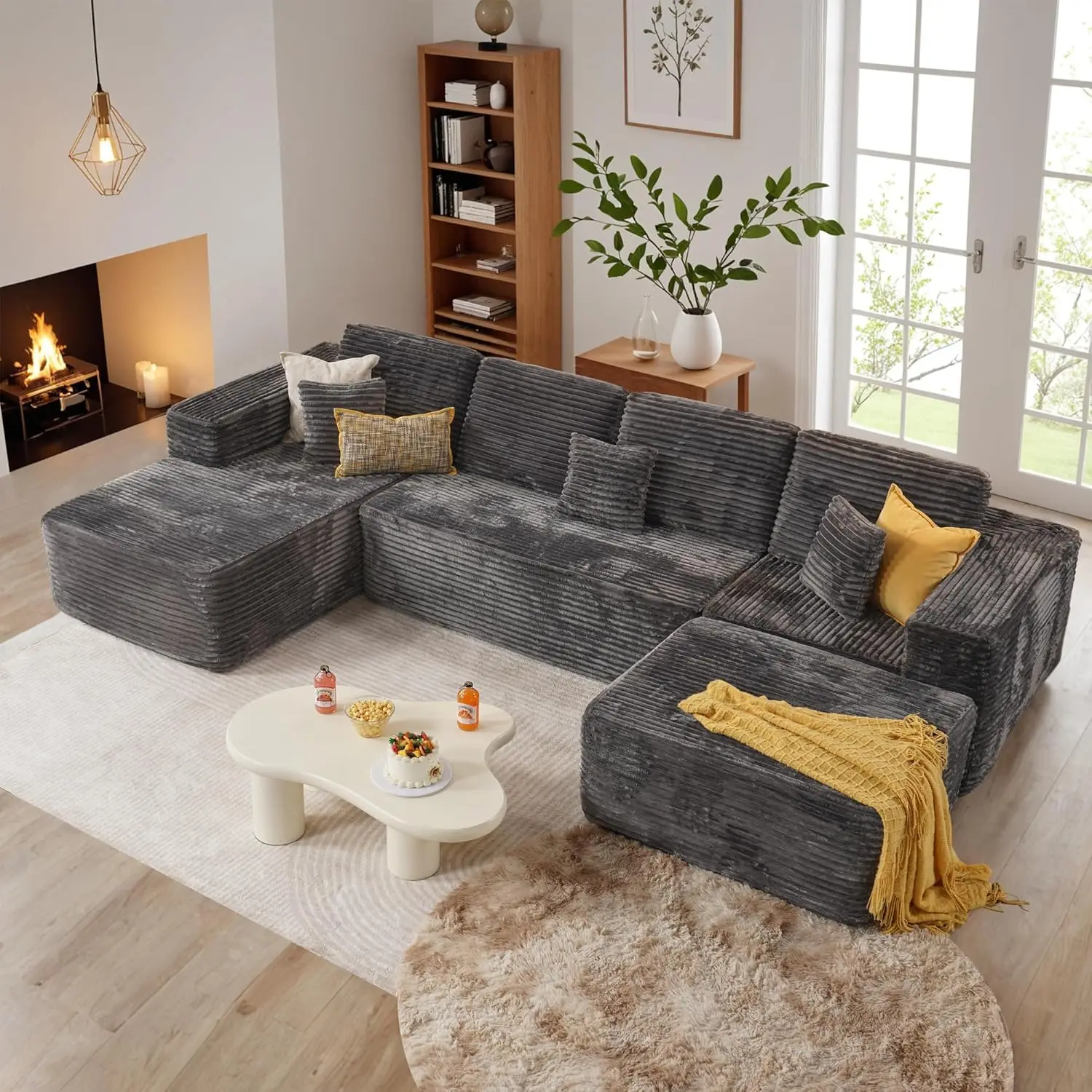 Us In Stock Corduroy Lounge Boneless Couches Gray U Shape Sectional Compressed Cloud Sofa