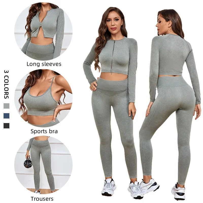 Women's Double Zipper Long-Sleeved Yoga Suit Adjustable Cross-Over Bra High-Waist Hip-Raising Trousers Three-Piece sports Set supplier