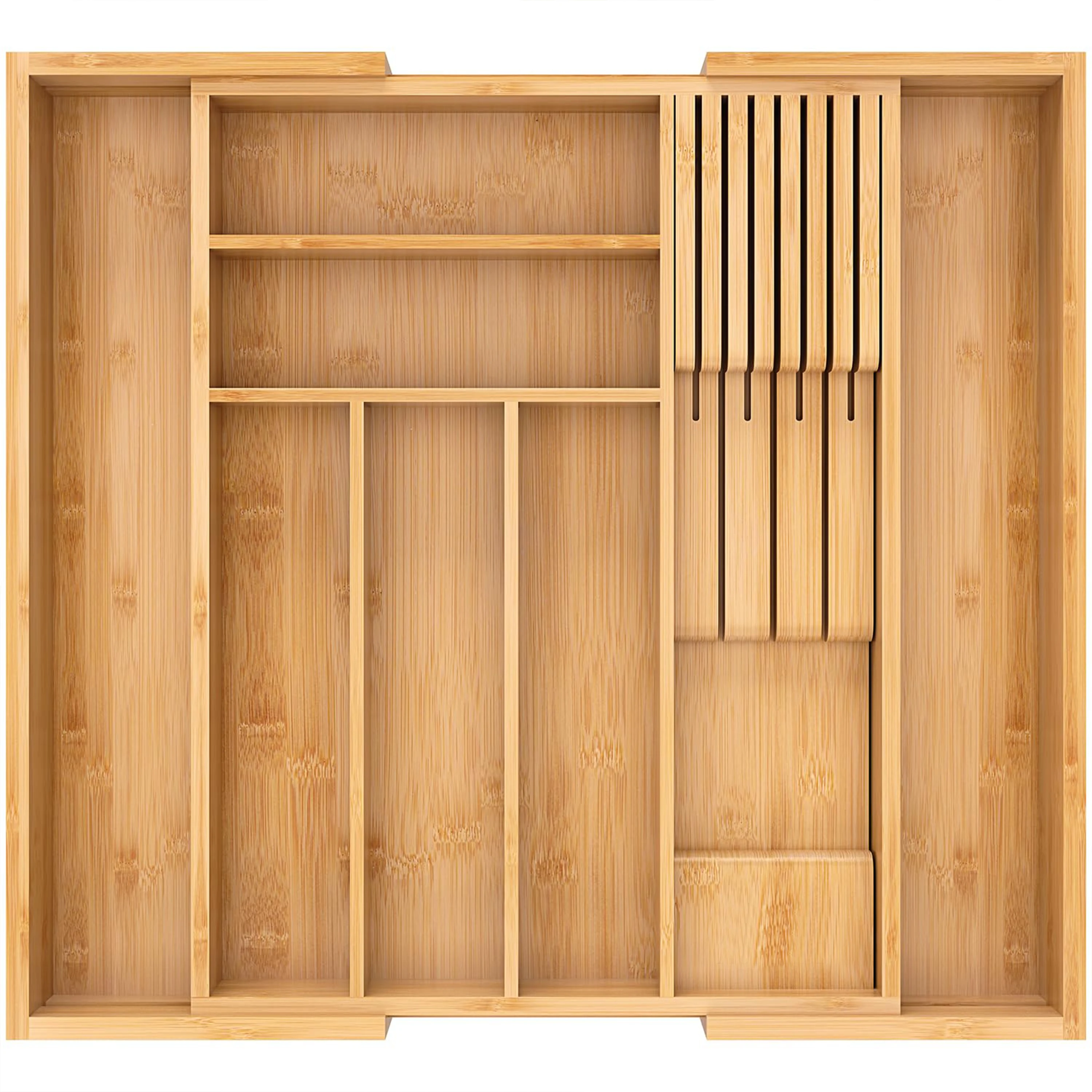 Expandable Bamboo Drawer Organizer Removable Knife Block 8 Compartments Kitchen Silverware Cutlery Tray Utensil Storage Divider